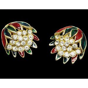 Vintage Enamel Rhinestone Flower Earrings (A1132)